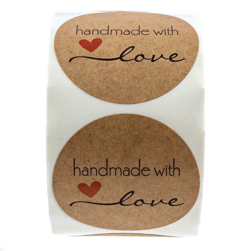 SBlabels 2" Round Natural Brown Kraft Handmade with Love Stickers/Roll of 500 Labels/Homemade Handmade DIY Project Labels/Made in The USA - Image 2